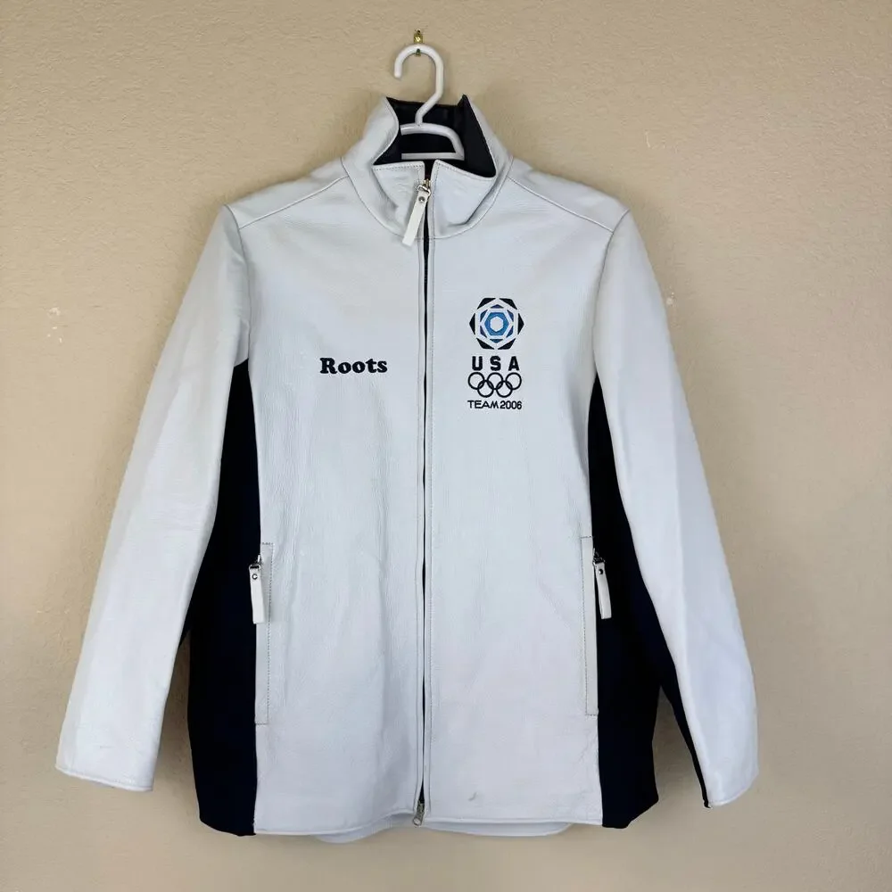 ROOTS 2006 White Leather Olympic Jacket Team USA Torino Mens Size M